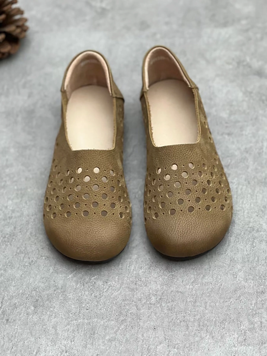 Women Summer Geniune Leather Hollow Out Flat Shoes HH025