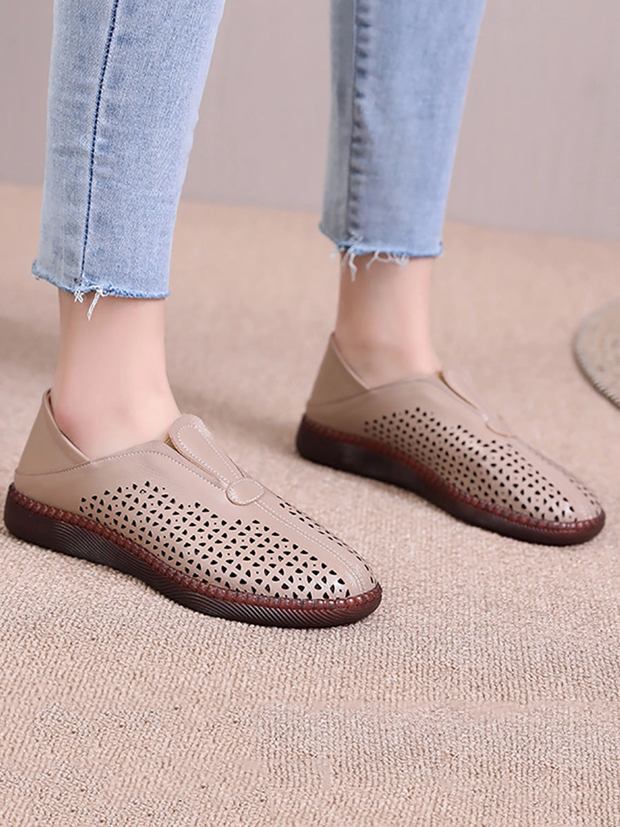 Women Summer Solid Casual Leather Cutout Flat Shoes HH048 Wedding Guest Outfits With Flat Shoes