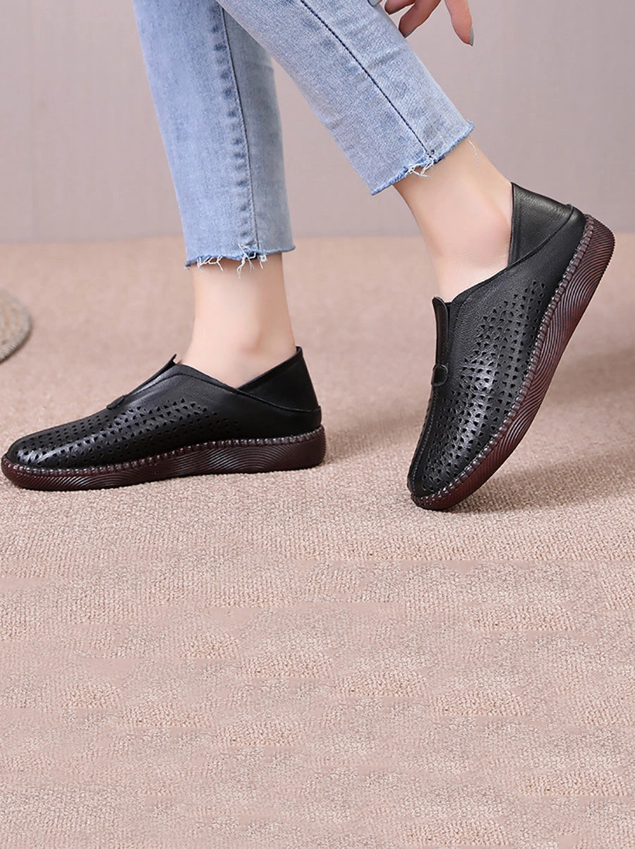 Wide Flat Pedal Shoes Women Summer Solid Casual Leather Cutout Flat Shoes HH048