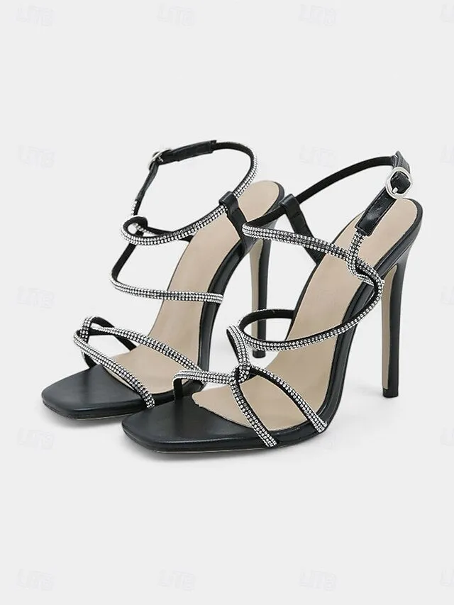 Shoes With High Heel To Toe Drop Women's Black Crystal-Embellished Sandals Heel  High
