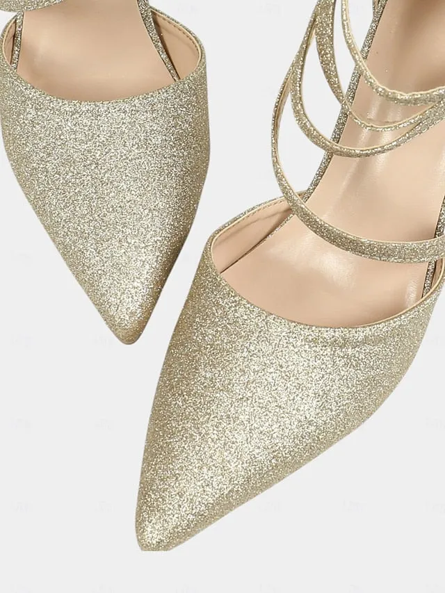 Women's Heels - High Toe Ankle Strappy Wrap Glitter Pointed Lolita High Heels