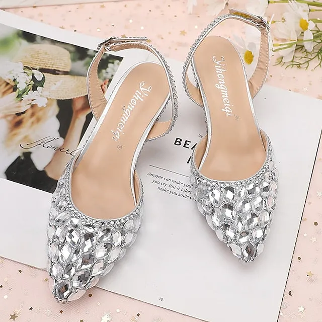 Women's High Crystal Heels Pointed-Toe Rhinestone Slingback Knee High Boots No Heel