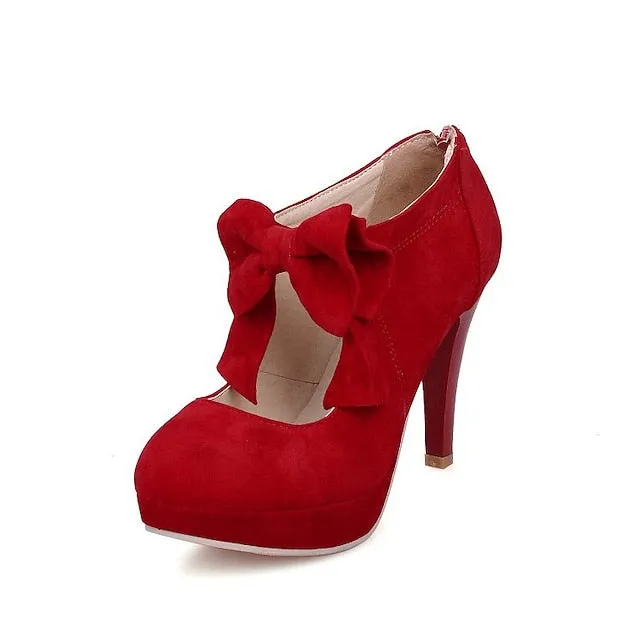 Women's High Suede Heel Red Platform Pumps Vintage  Bow