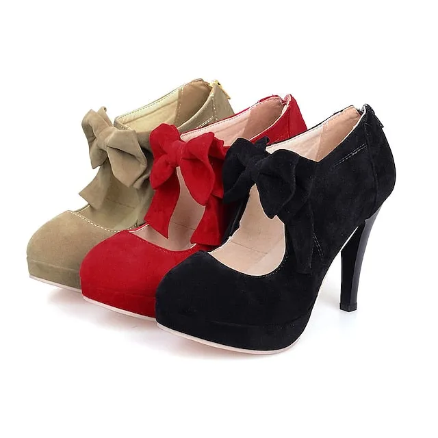 Women's High Suede Heel Red Platform Pumps Vintage  Bow