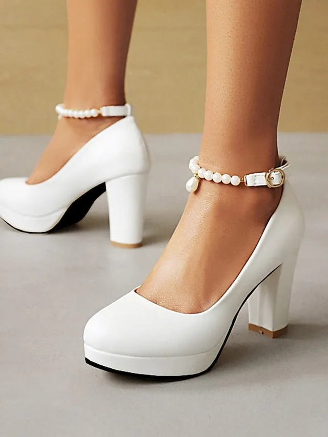 Fucking In High Heels Women's Pumps High Strap with  Ankle White Heel Pearl