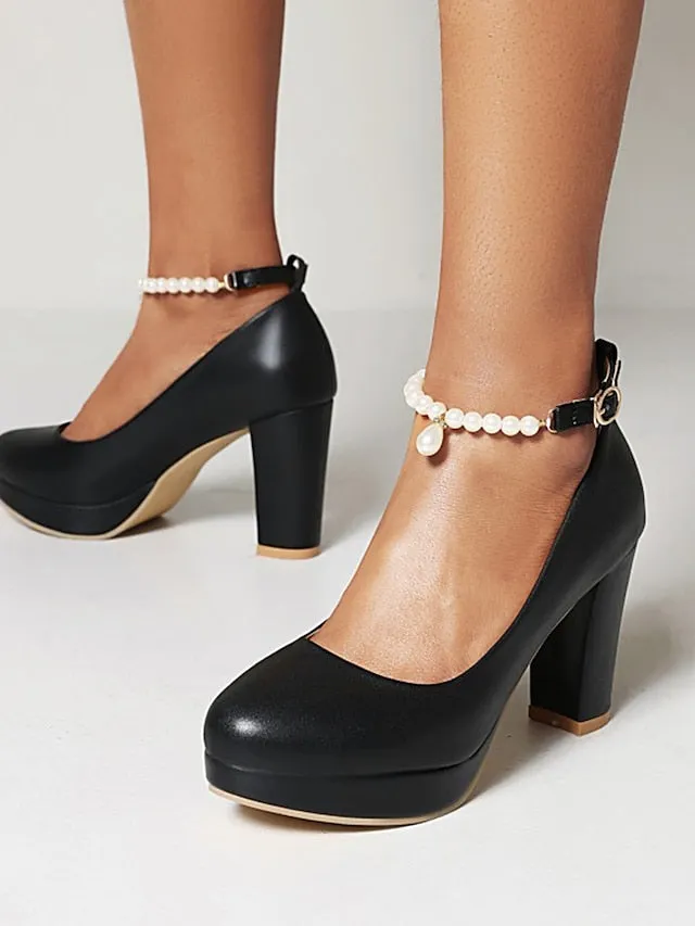 High Heels Sandals Wedges Women's Pumps High Strap with  Ankle White Heel Pearl