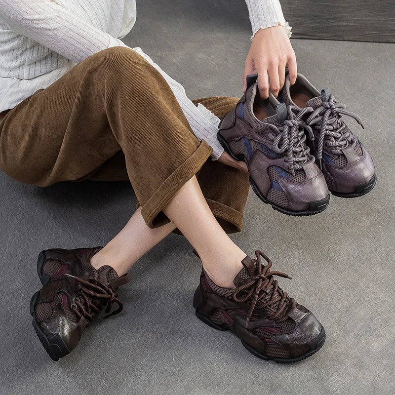 Women's Retro Breathable Mesh Leather Flat Casual Shoes Mtb Shoes Flat