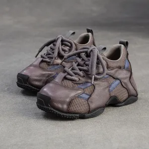 Women's Retro Breathable Mesh Leather Flat Casual Shoes Flat Shoes For Mountain Biking