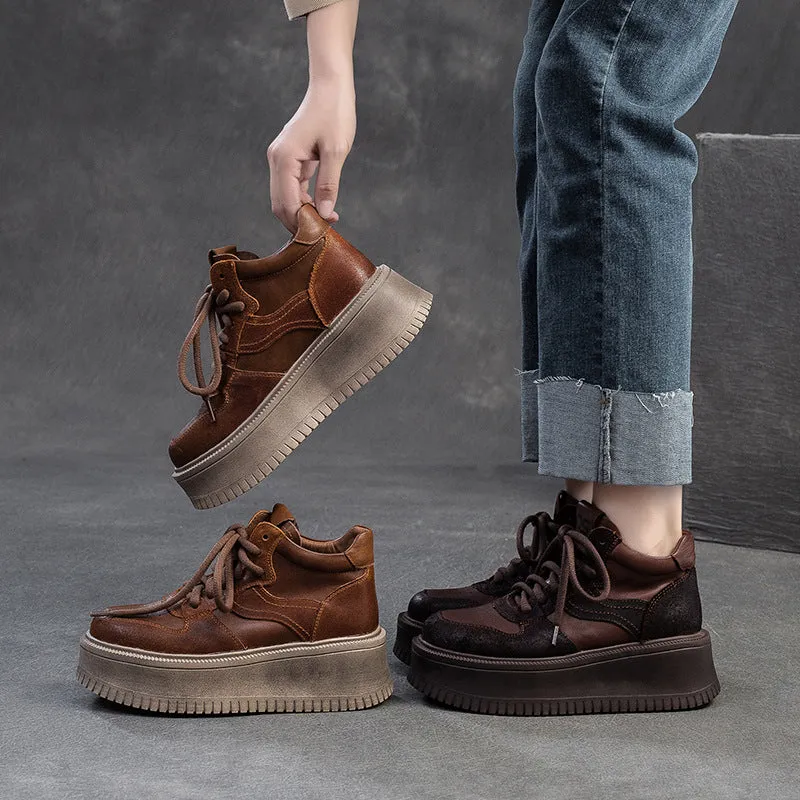 Thigh High Wedge Heel Boots Women's Retro Leather High Top Platform Casual Shoes