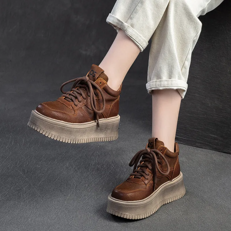 Women's Retro Leather High Top Platform Casual Shoes Woman In High Heels