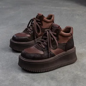 Women's Retro Leather High Top Platform Casual Shoes High Heels Blow