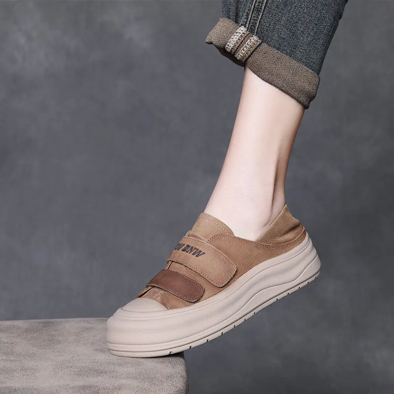 Women's Retro Velcro Leather Flat Casual Shoes Cork Flats Shoes
