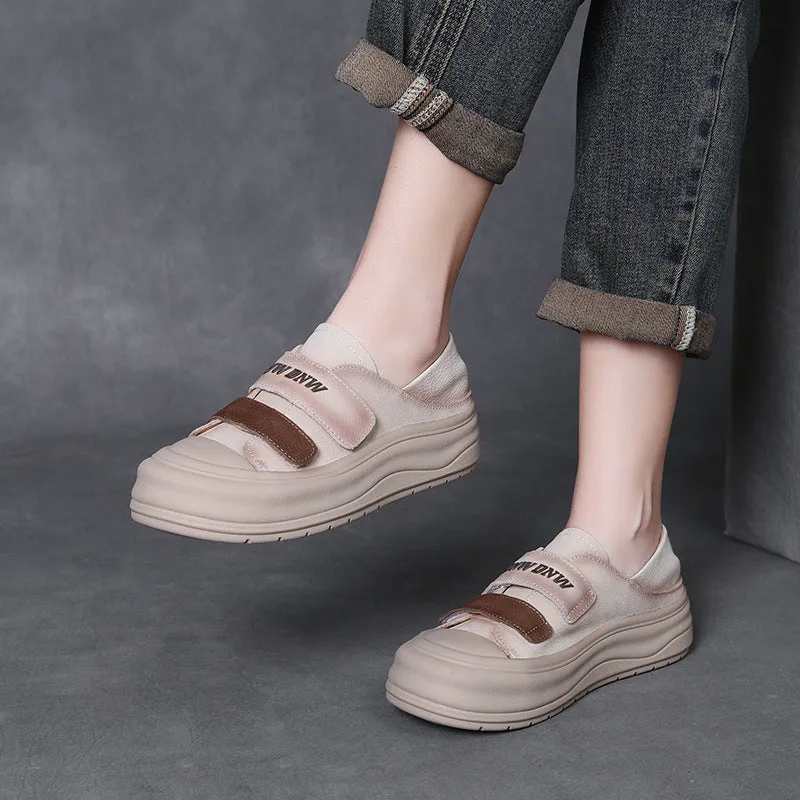 Women's Retro Velcro Leather Flat Casual Shoes Plum Flat Shoes