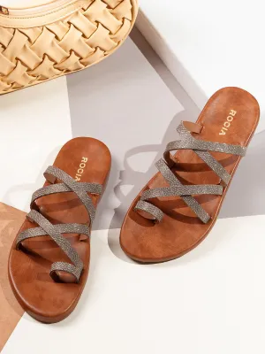 Rocia By Regal Antique Gold Women Strappy Flats Cat Face Flat Shoes